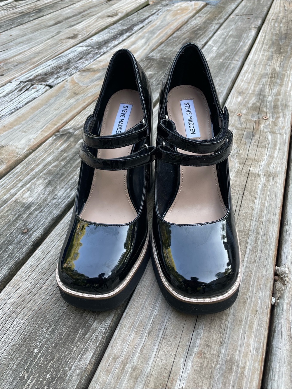 Steve Madden Black Patent Double-Strap Platform 5 inch Heels